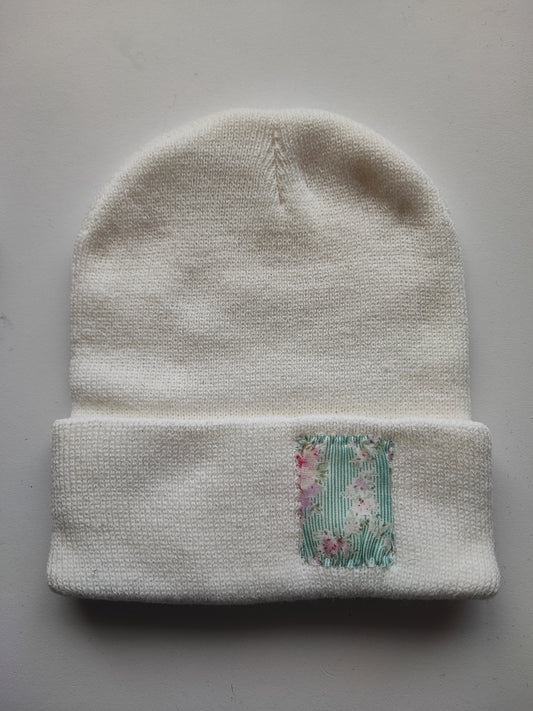 Bonnet Crème fleur vintage bleu