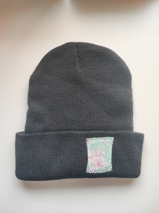 Bonnet noir fleur vintage bleu