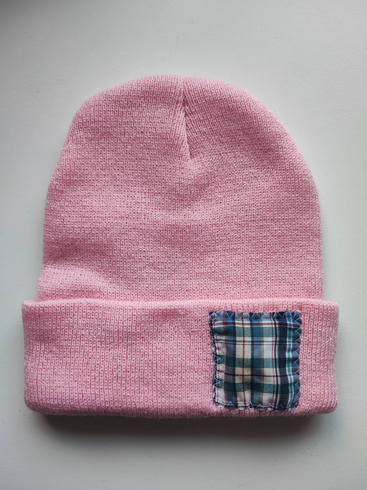 Bonnet rose poudré tartan bleu